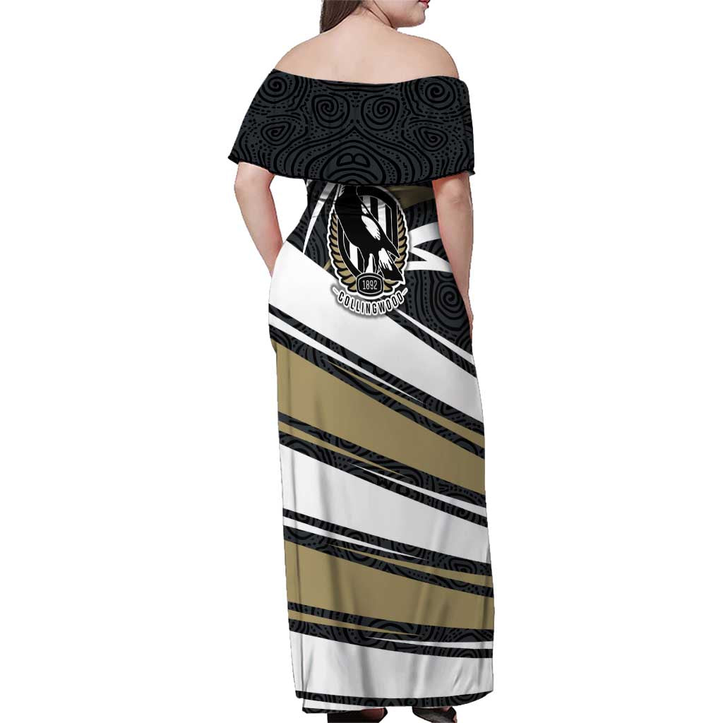 Collingwood Magpies Australian Football Family Matching Off Shoulder Maxi Dress and Hawaiian Shirt Iconic Bird Mascot With Indigenous Pattern Art