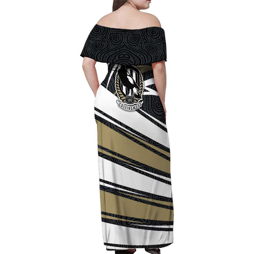 Collingwood Magpies Australian Football Family Matching Off Shoulder Maxi Dress and Hawaiian Shirt Iconic Bird Mascot With Indigenous Pattern Art