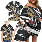 Collingwood Magpies Australian Football Family Matching Off Shoulder Short Dress and Hawaiian Shirt Iconic Bird Mascot With Indigenous Pattern Art