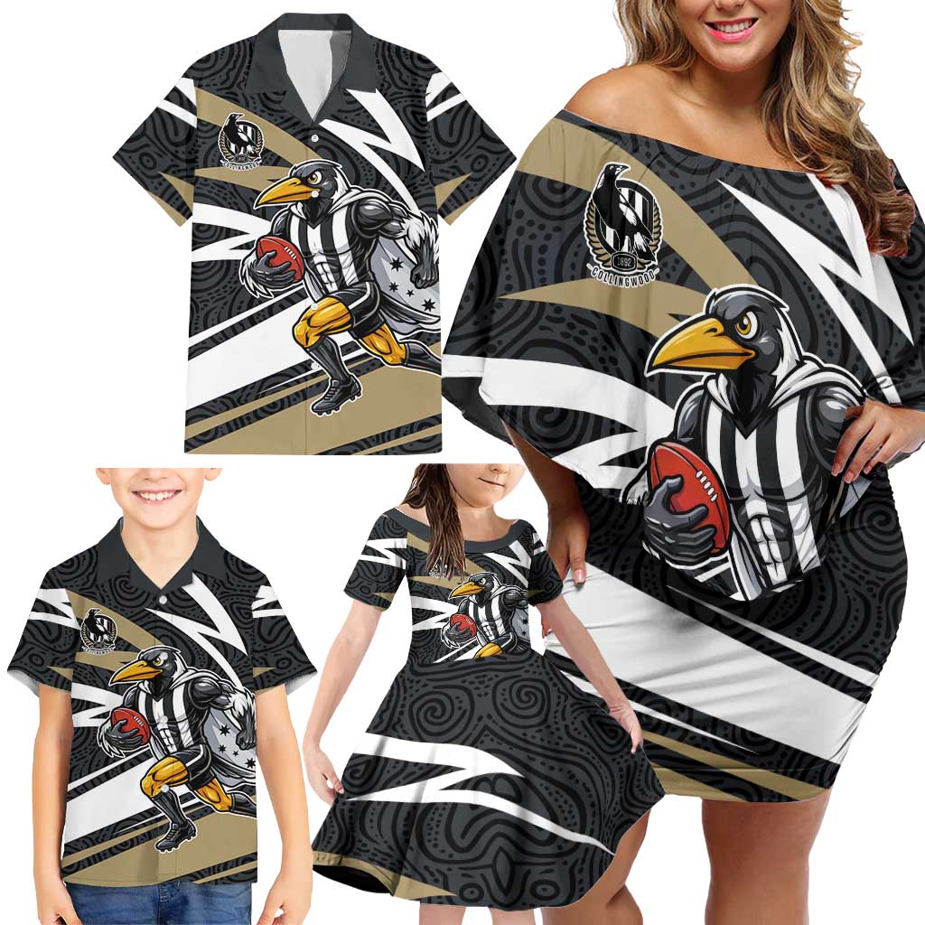 Collingwood Magpies Australian Football Family Matching Off Shoulder Short Dress and Hawaiian Shirt Iconic Bird Mascot With Indigenous Pattern Art