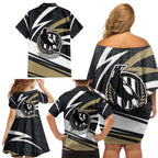 Collingwood Magpies Australian Football Family Matching Off Shoulder Short Dress and Hawaiian Shirt Iconic Bird Mascot With Indigenous Pattern Art
