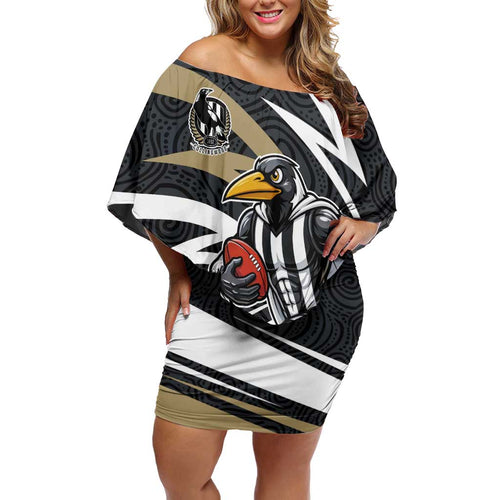 Collingwood Magpies Australian Football Family Matching Off Shoulder Short Dress and Hawaiian Shirt Iconic Bird Mascot With Indigenous Pattern Art