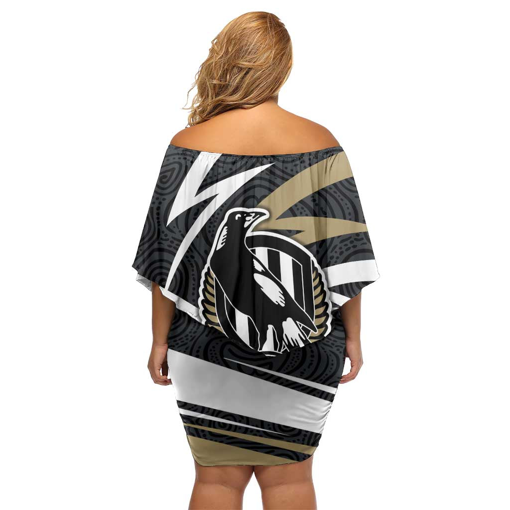 Collingwood Magpies Australian Football Family Matching Off Shoulder Short Dress and Hawaiian Shirt Iconic Bird Mascot With Indigenous Pattern Art