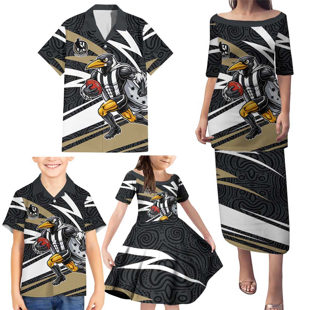 Collingwood Magpies Australian Football Family Matching Puletasi and Hawaiian Shirt Iconic Bird Mascot With Indigenous Pattern Art