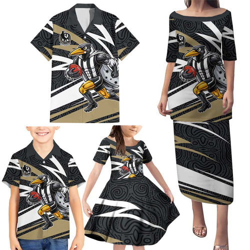 Collingwood Magpies Australian Football Family Matching Puletasi and Hawaiian Shirt Iconic Bird Mascot With Indigenous Pattern Art