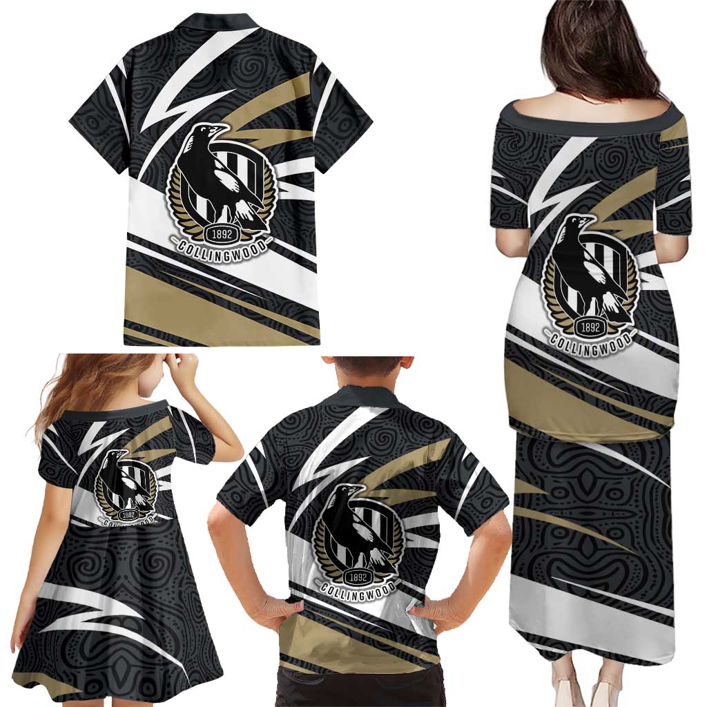 Collingwood Magpies Australian Football Family Matching Puletasi and Hawaiian Shirt Iconic Bird Mascot With Indigenous Pattern Art
