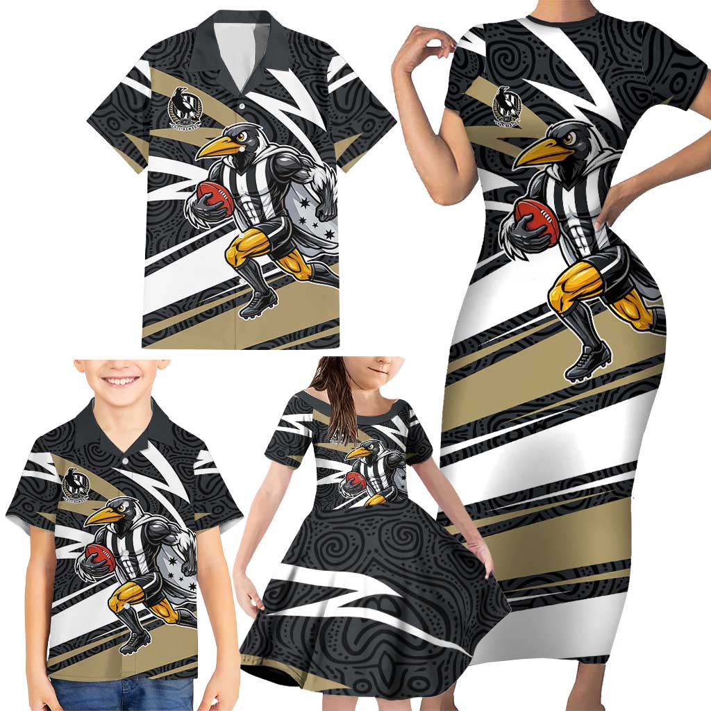 Collingwood Magpies Australian Football Family Matching Short Sleeve Bodycon Dress and Hawaiian Shirt Iconic Bird Mascot With Indigenous Pattern Art