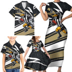Collingwood Magpies Australian Football Family Matching Short Sleeve Bodycon Dress and Hawaiian Shirt Iconic Bird Mascot With Indigenous Pattern Art