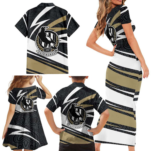 Collingwood Magpies Australian Football Family Matching Short Sleeve Bodycon Dress and Hawaiian Shirt Iconic Bird Mascot With Indigenous Pattern Art