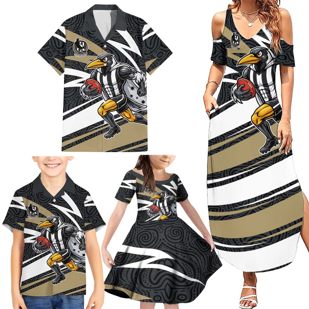 Collingwood Magpies Australian Football Family Matching Summer Maxi Dress and Hawaiian Shirt Iconic Bird Mascot With Indigenous Pattern Art