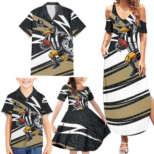 Collingwood Magpies Australian Football Family Matching Summer Maxi Dress and Hawaiian Shirt Iconic Bird Mascot With Indigenous Pattern Art