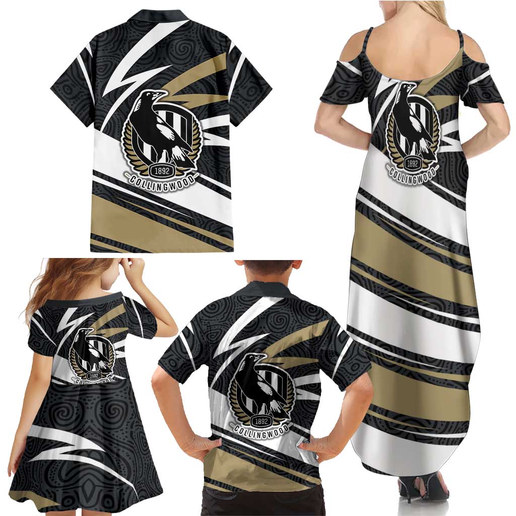 Collingwood Magpies Australian Football Family Matching Summer Maxi Dress and Hawaiian Shirt Iconic Bird Mascot With Indigenous Pattern Art
