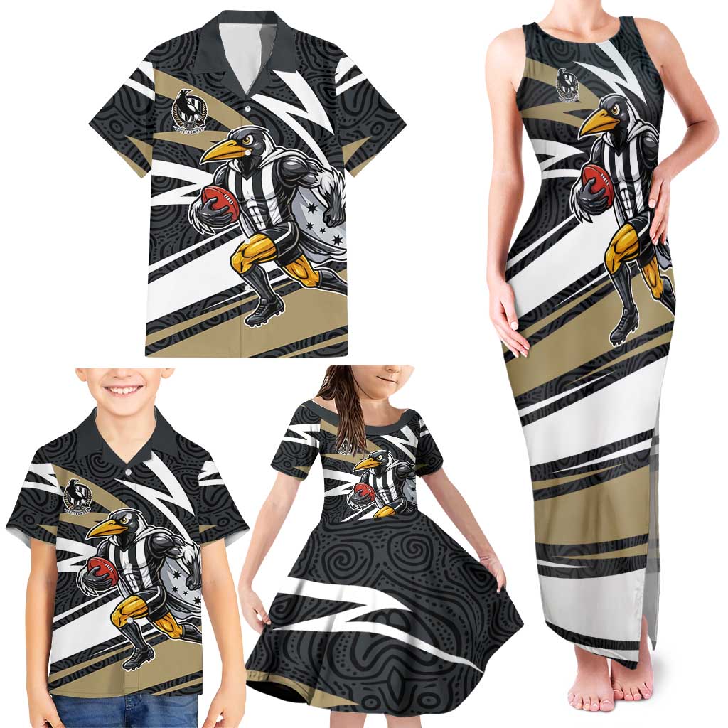 Collingwood Magpies Australian Football Family Matching Tank Maxi Dress and Hawaiian Shirt Iconic Bird Mascot With Indigenous Pattern Art
