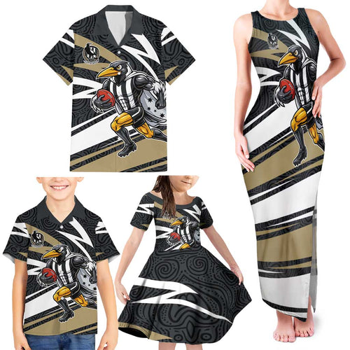 Collingwood Magpies Australian Football Family Matching Tank Maxi Dress and Hawaiian Shirt Iconic Bird Mascot With Indigenous Pattern Art