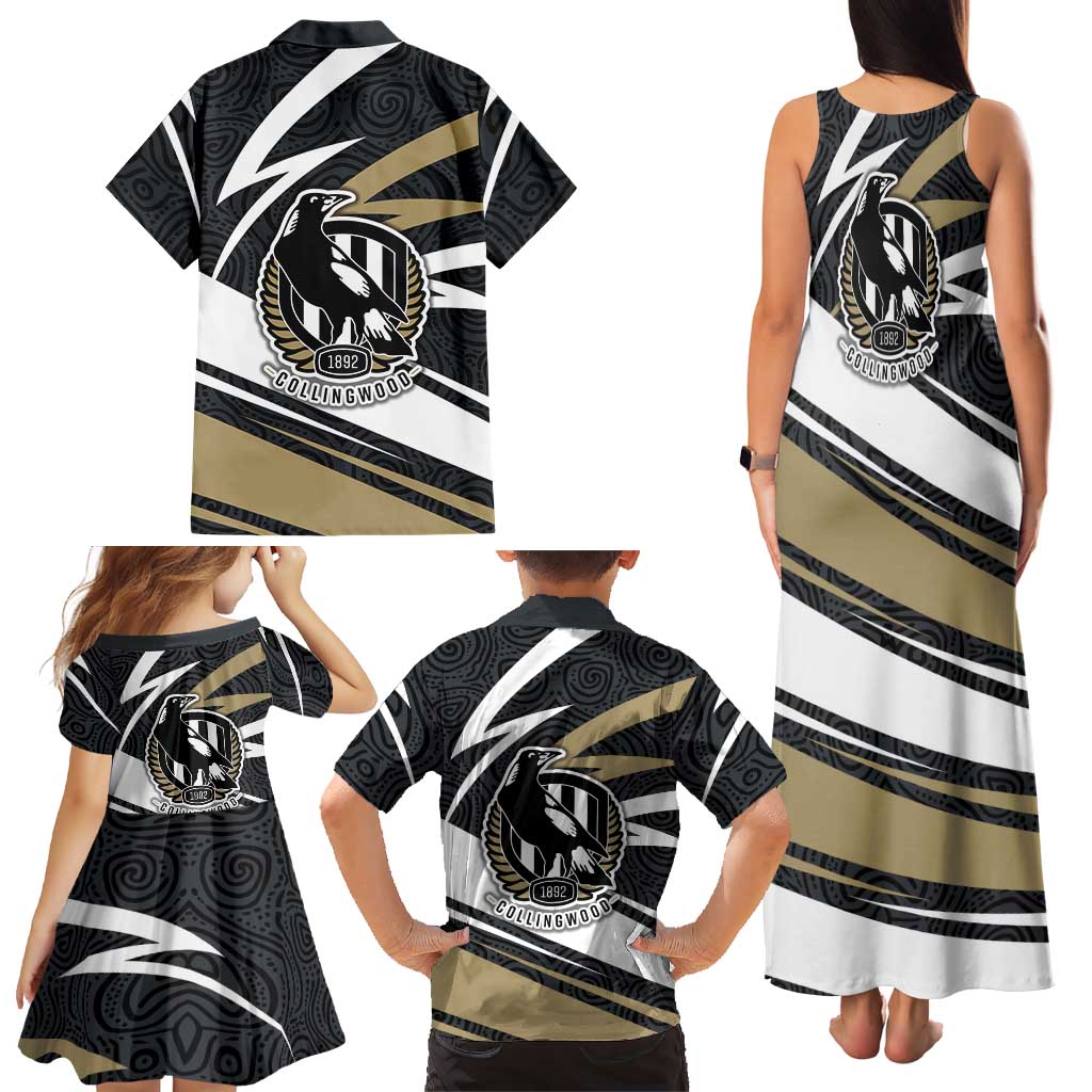Collingwood Magpies Australian Football Family Matching Tank Maxi Dress and Hawaiian Shirt Iconic Bird Mascot With Indigenous Pattern Art