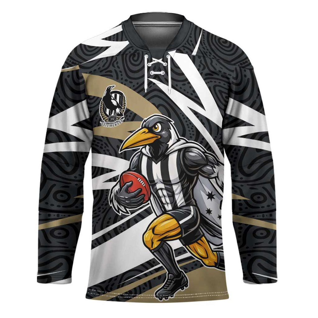 Collingwood Magpies Australian Football Hockey Jersey Iconic Bird Mascot With Indigenous Pattern Art