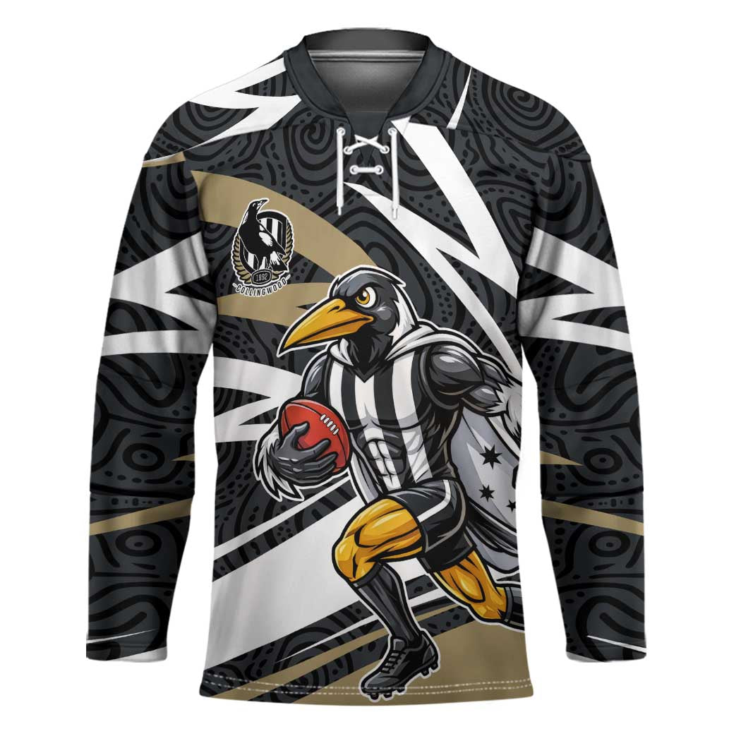 Collingwood Magpies Australian Football Hockey Jersey Iconic Bird Mascot With Indigenous Pattern Art