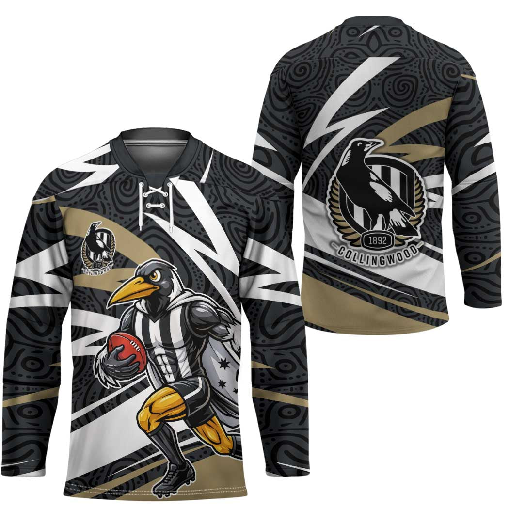 Collingwood Magpies Australian Football Hockey Jersey Iconic Bird Mascot With Indigenous Pattern Art