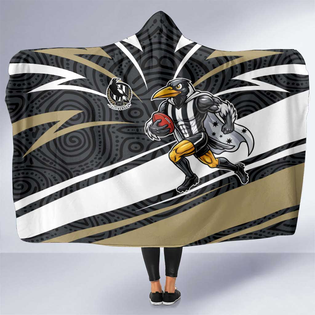 Collingwood Magpies Australian Football Hooded Blanket Iconic Bird Mascot With Indigenous Pattern Art