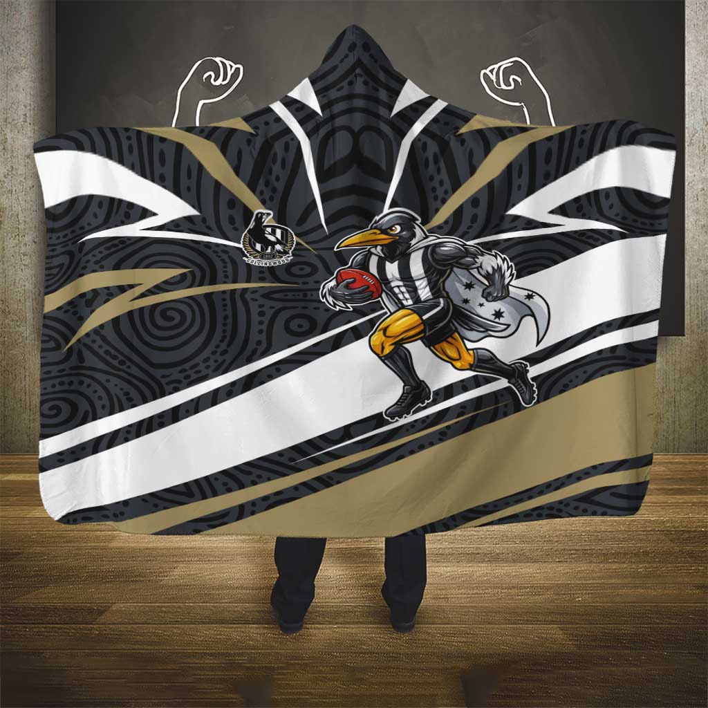Collingwood Magpies Australian Football Hooded Blanket Iconic Bird Mascot With Indigenous Pattern Art