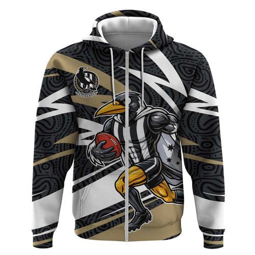 Collingwood Magpies Australian Football Hoodie Iconic Bird Mascot With Indigenous Pattern Art