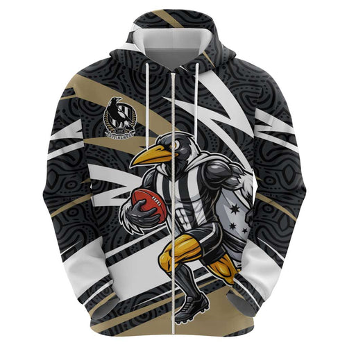 Collingwood Magpies Australian Football Hoodie Iconic Bird Mascot With Indigenous Pattern Art