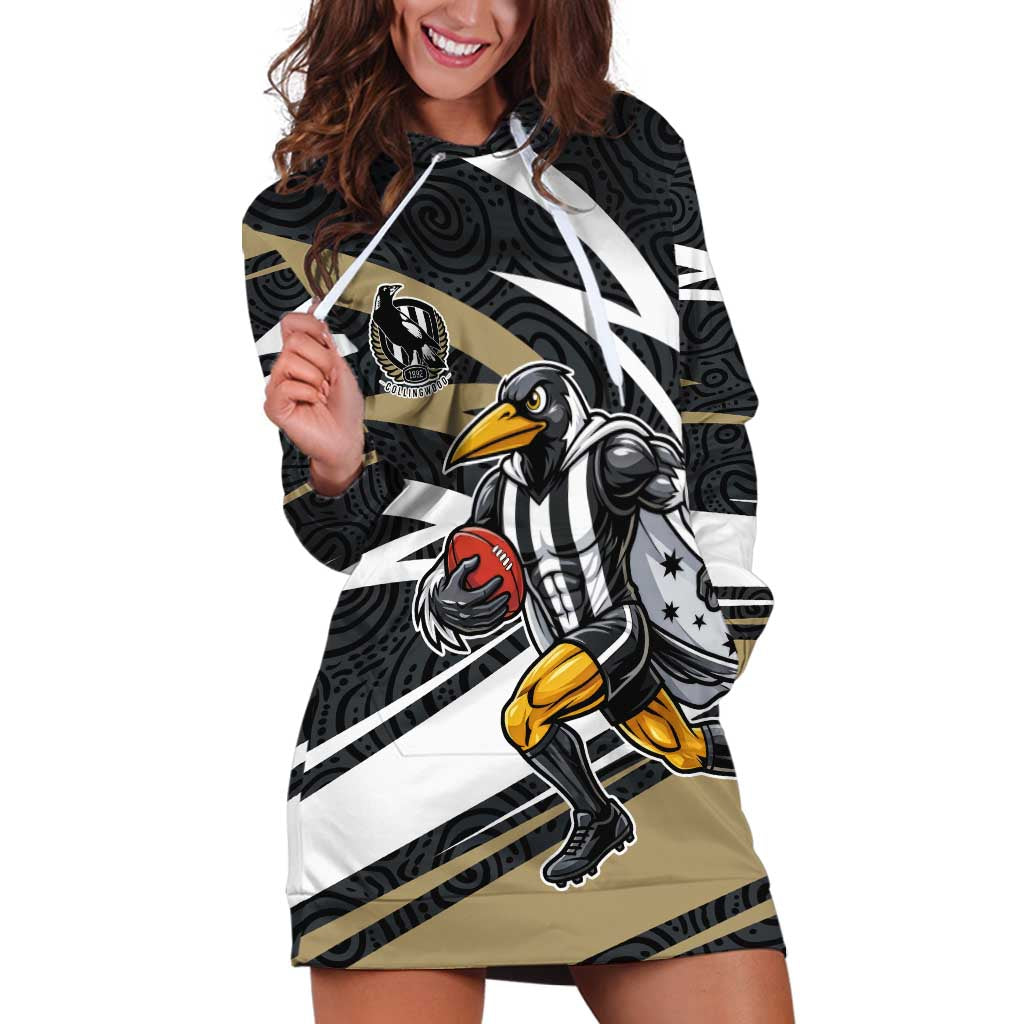 Collingwood Magpies Australian Football Hoodie Dress Iconic Bird Mascot With Indigenous Pattern Art