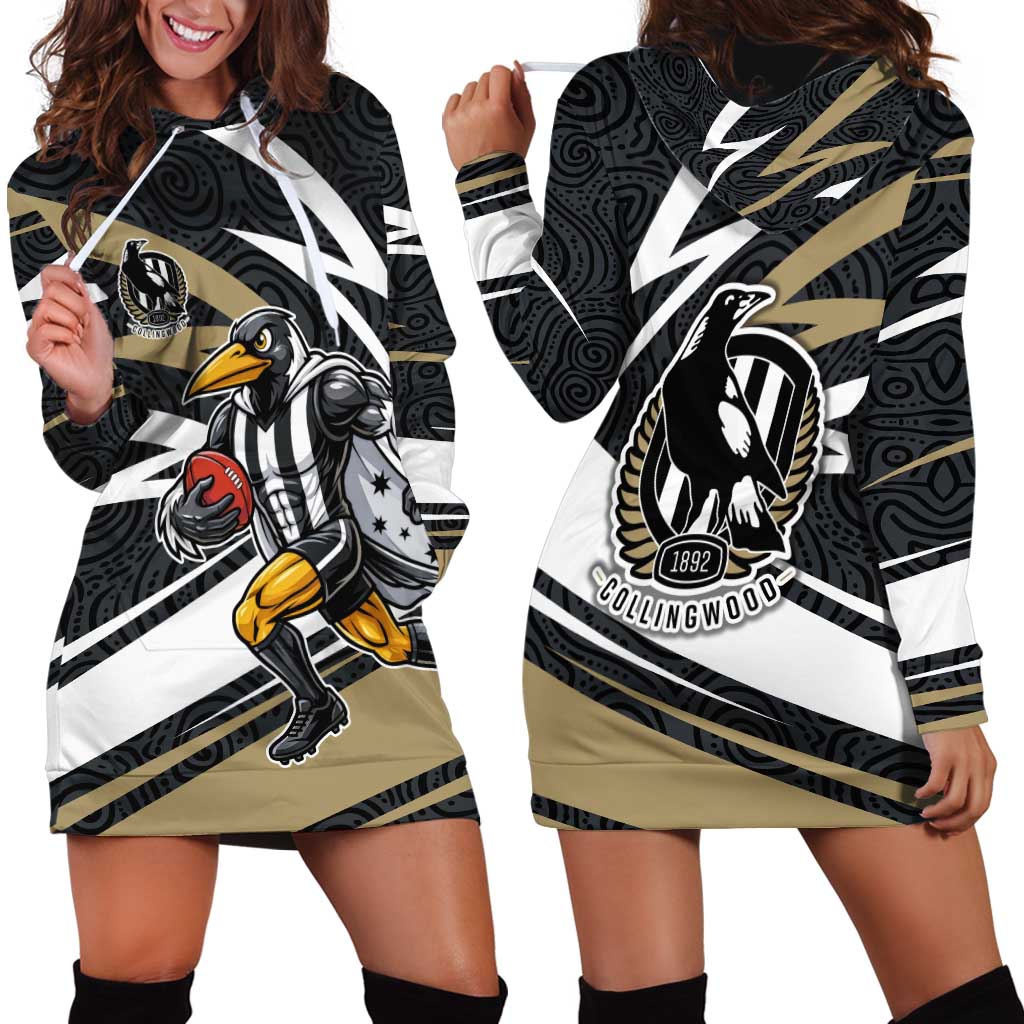 Collingwood Magpies Australian Football Hoodie Dress Iconic Bird Mascot With Indigenous Pattern Art