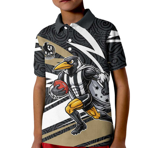 Collingwood Magpies Australian Football Kid Polo Shirt Iconic Bird Mascot With Indigenous Pattern Art