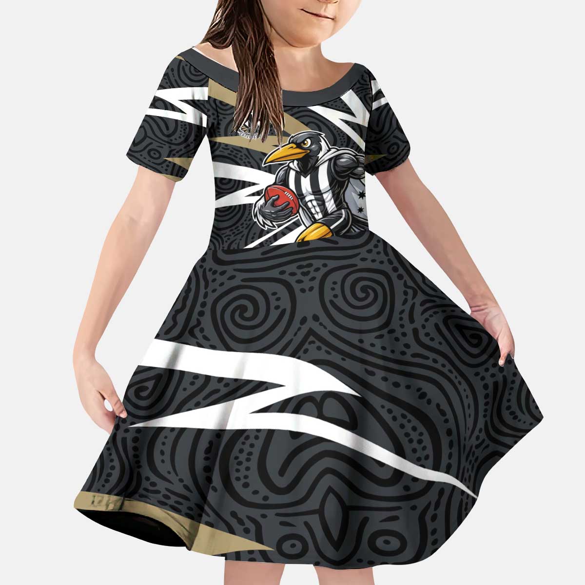 Collingwood Magpies Australian Football Kid Short Sleeve Dress Iconic Bird Mascot With Indigenous Pattern Art
