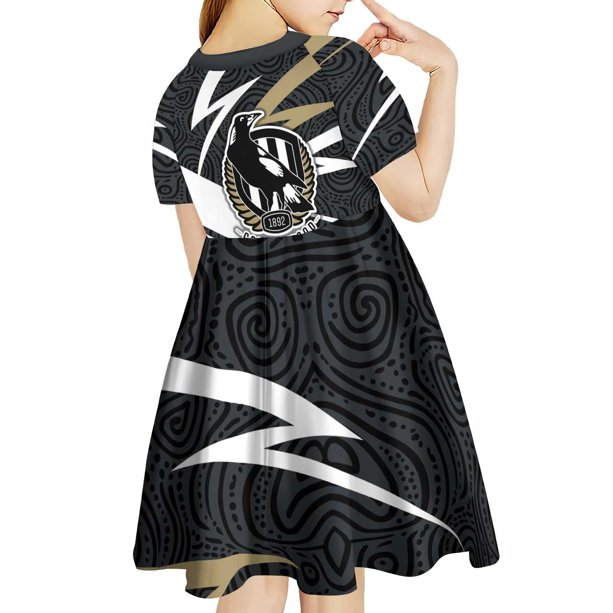 Collingwood Magpies Australian Football Kid Short Sleeve Dress Iconic Bird Mascot With Indigenous Pattern Art