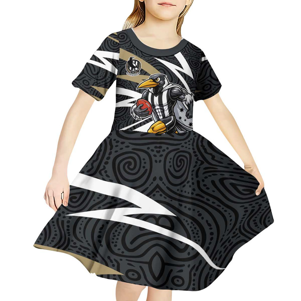 Collingwood Magpies Australian Football Kid Short Sleeve Dress Iconic Bird Mascot With Indigenous Pattern Art