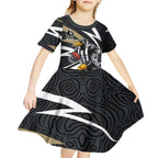Collingwood Magpies Australian Football Kid Short Sleeve Dress Iconic Bird Mascot With Indigenous Pattern Art