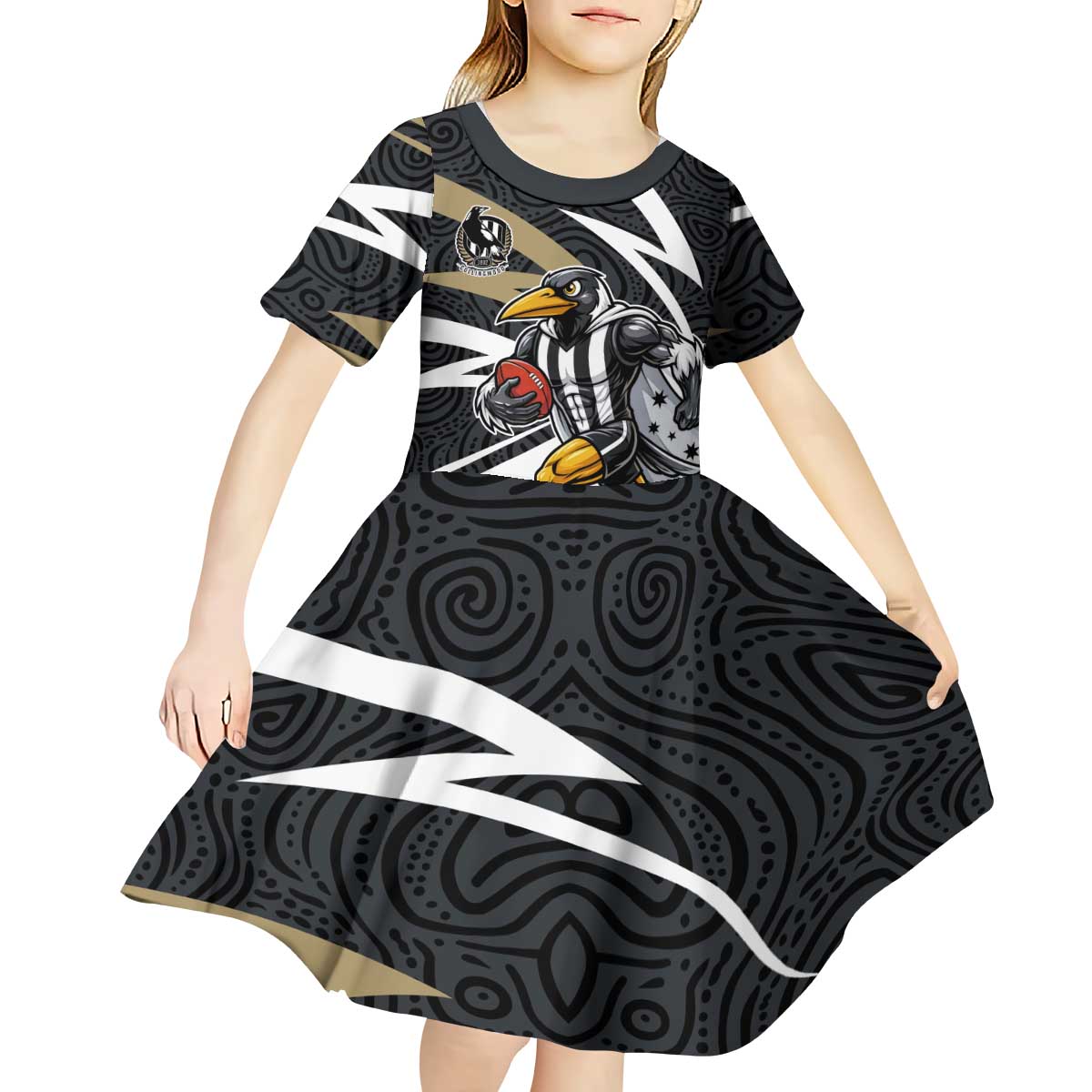 Collingwood Magpies Australian Football Kid Short Sleeve Dress Iconic Bird Mascot With Indigenous Pattern Art