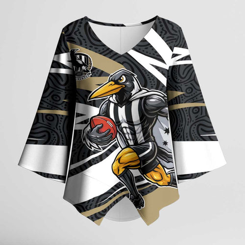 Collingwood Magpies Australian Football Kimono Sleeve Blouse Iconic Bird Mascot With Indigenous Pattern Art