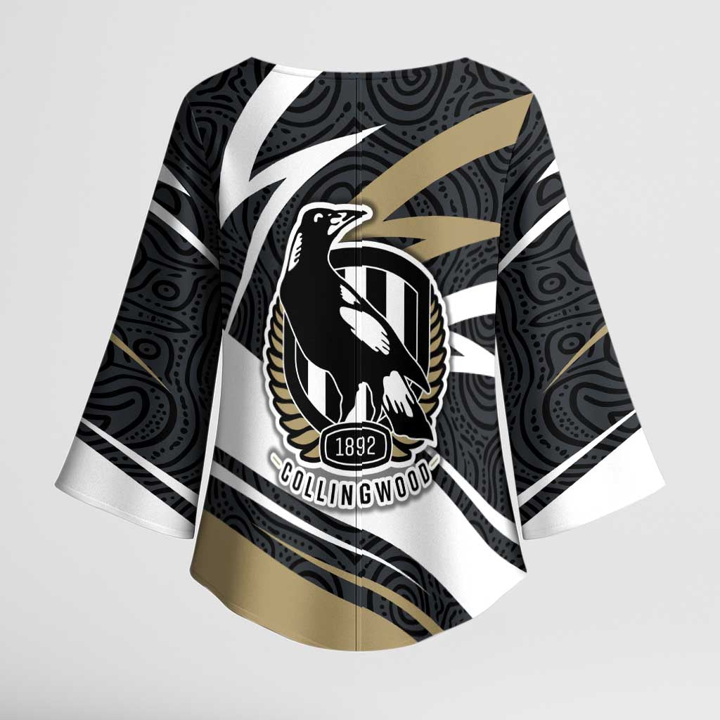 Collingwood Magpies Australian Football Kimono Sleeve Blouse Iconic Bird Mascot With Indigenous Pattern Art