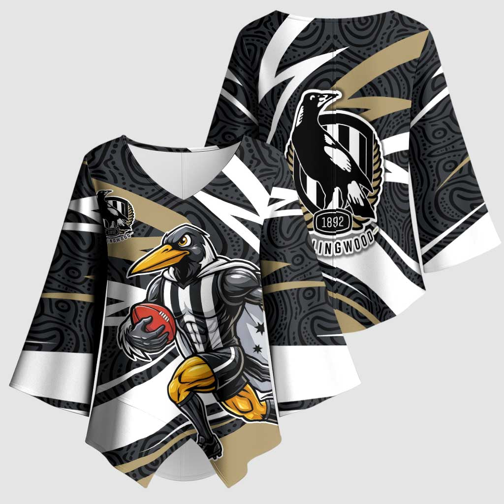 Collingwood Magpies Australian Football Kimono Sleeve Blouse Iconic Bird Mascot With Indigenous Pattern Art