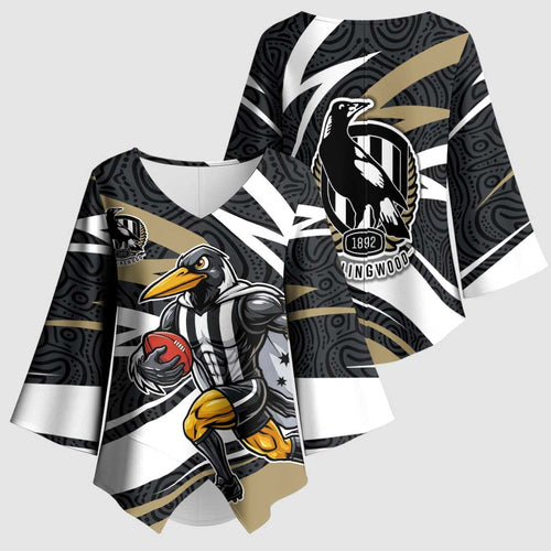 Collingwood Magpies Australian Football Kimono Sleeve Blouse Iconic Bird Mascot With Indigenous Pattern Art
