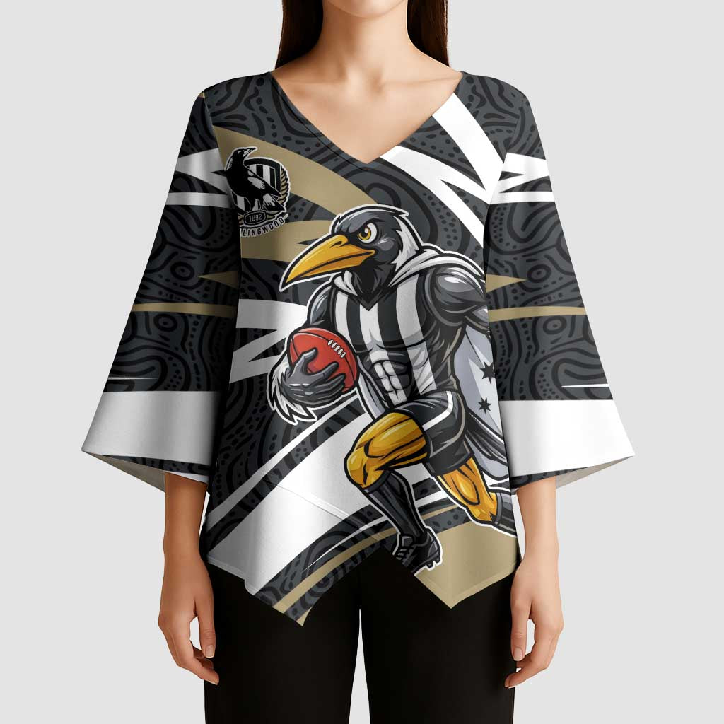 Collingwood Magpies Australian Football Kimono Sleeve Blouse Iconic Bird Mascot With Indigenous Pattern Art