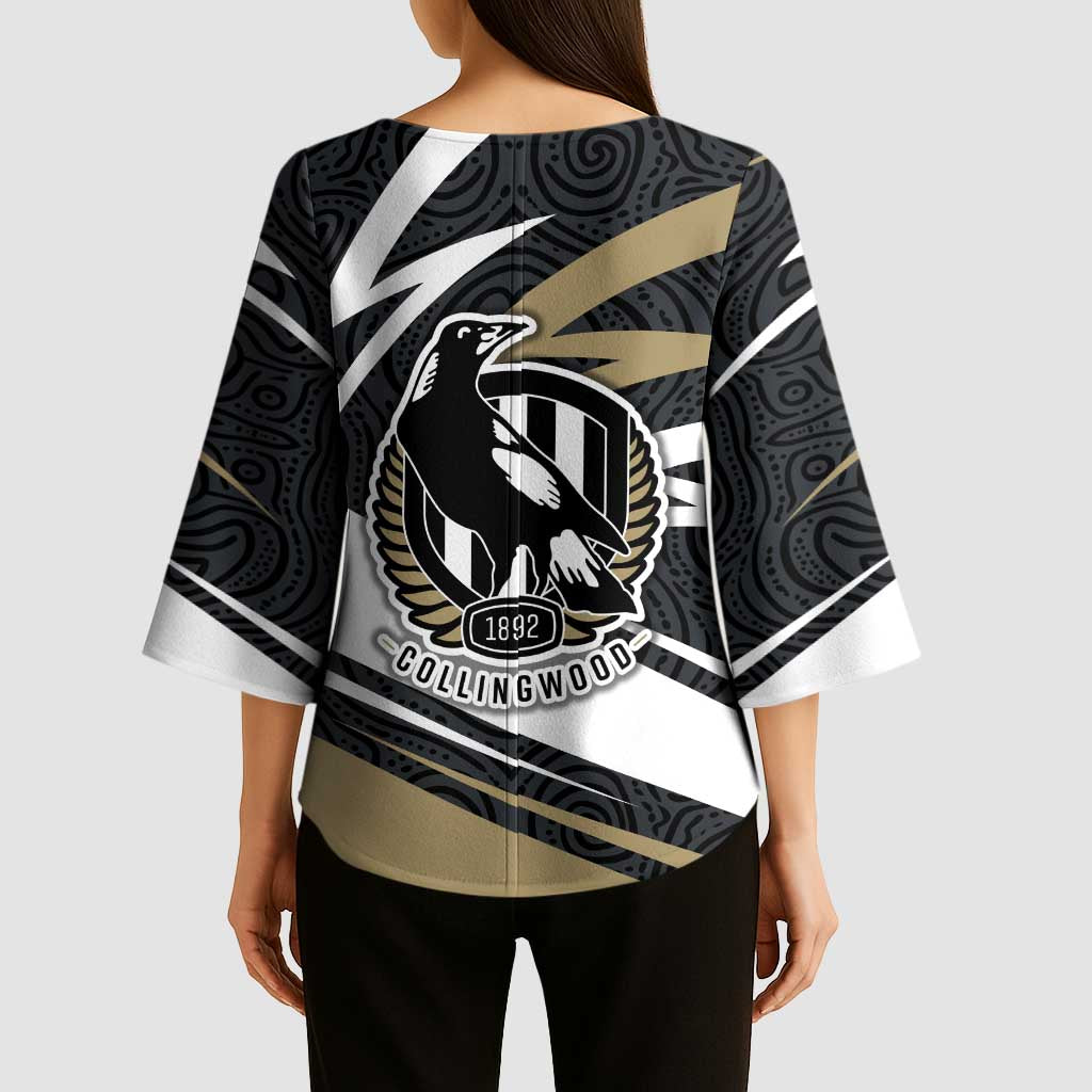 Collingwood Magpies Australian Football Kimono Sleeve Blouse Iconic Bird Mascot With Indigenous Pattern Art