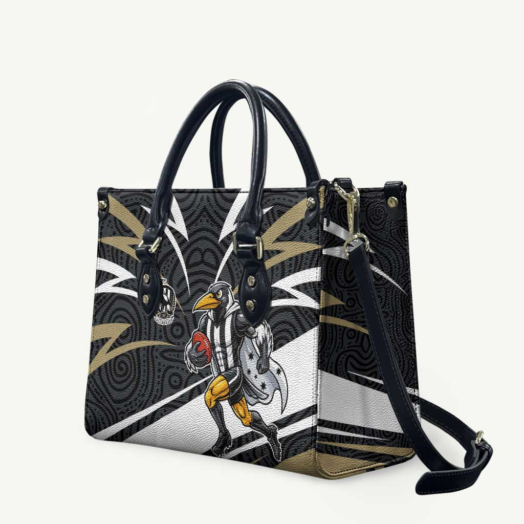 Collingwood Magpies Australian Football Leather Bag Iconic Bird Mascot With Indigenous Pattern Art