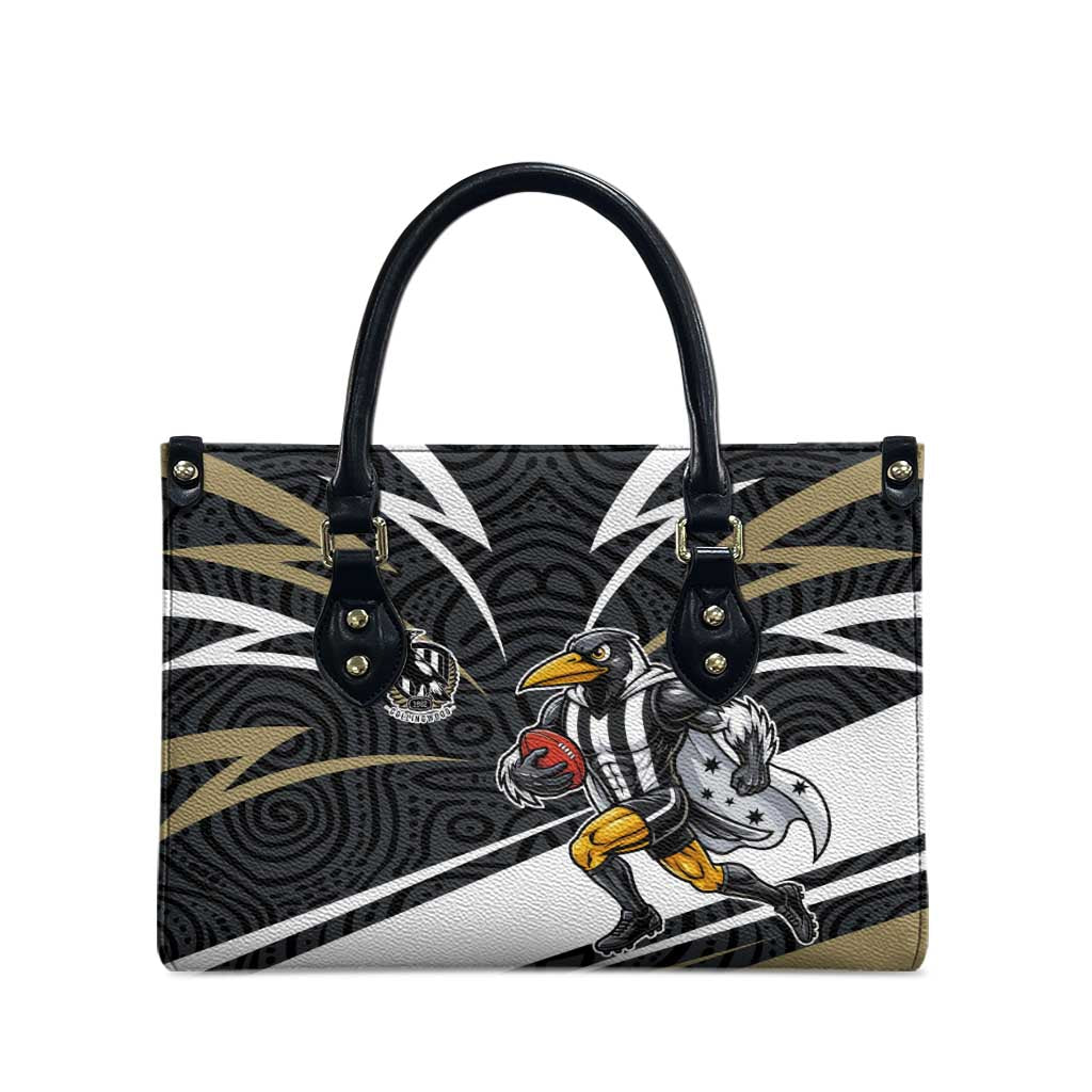 Collingwood Magpies Australian Football Leather Bag Iconic Bird Mascot With Indigenous Pattern Art