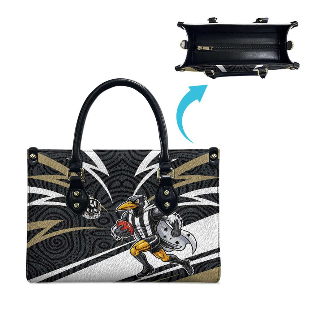 Collingwood Magpies Australian Football Leather Bag Iconic Bird Mascot With Indigenous Pattern Art