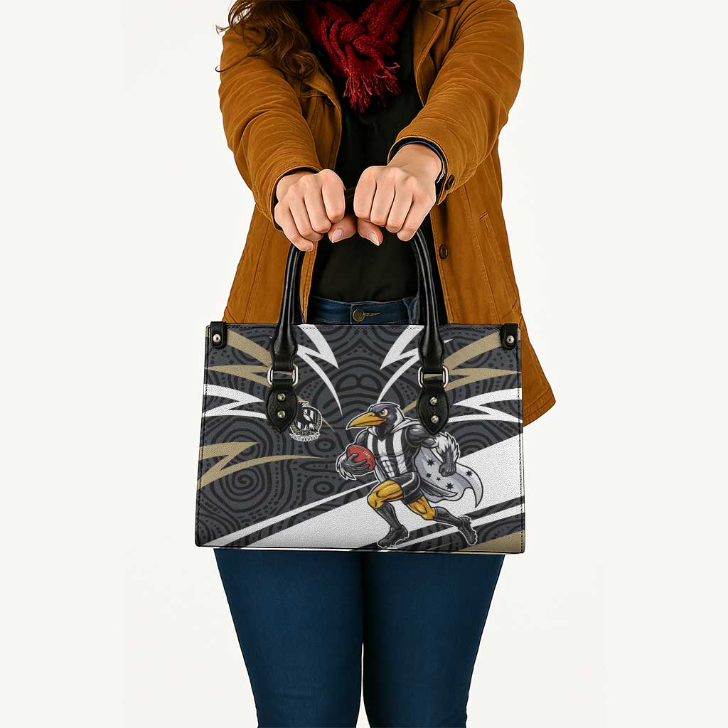 Collingwood Magpies Australian Football Leather Bag Iconic Bird Mascot With Indigenous Pattern Art