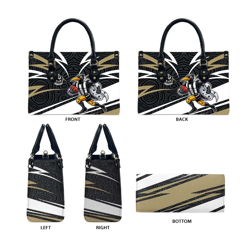 Collingwood Magpies Australian Football Leather Bag Iconic Bird Mascot With Indigenous Pattern Art
