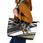 Collingwood Magpies Australian Football Leather Tote Bag Iconic Bird Mascot With Indigenous Pattern Art