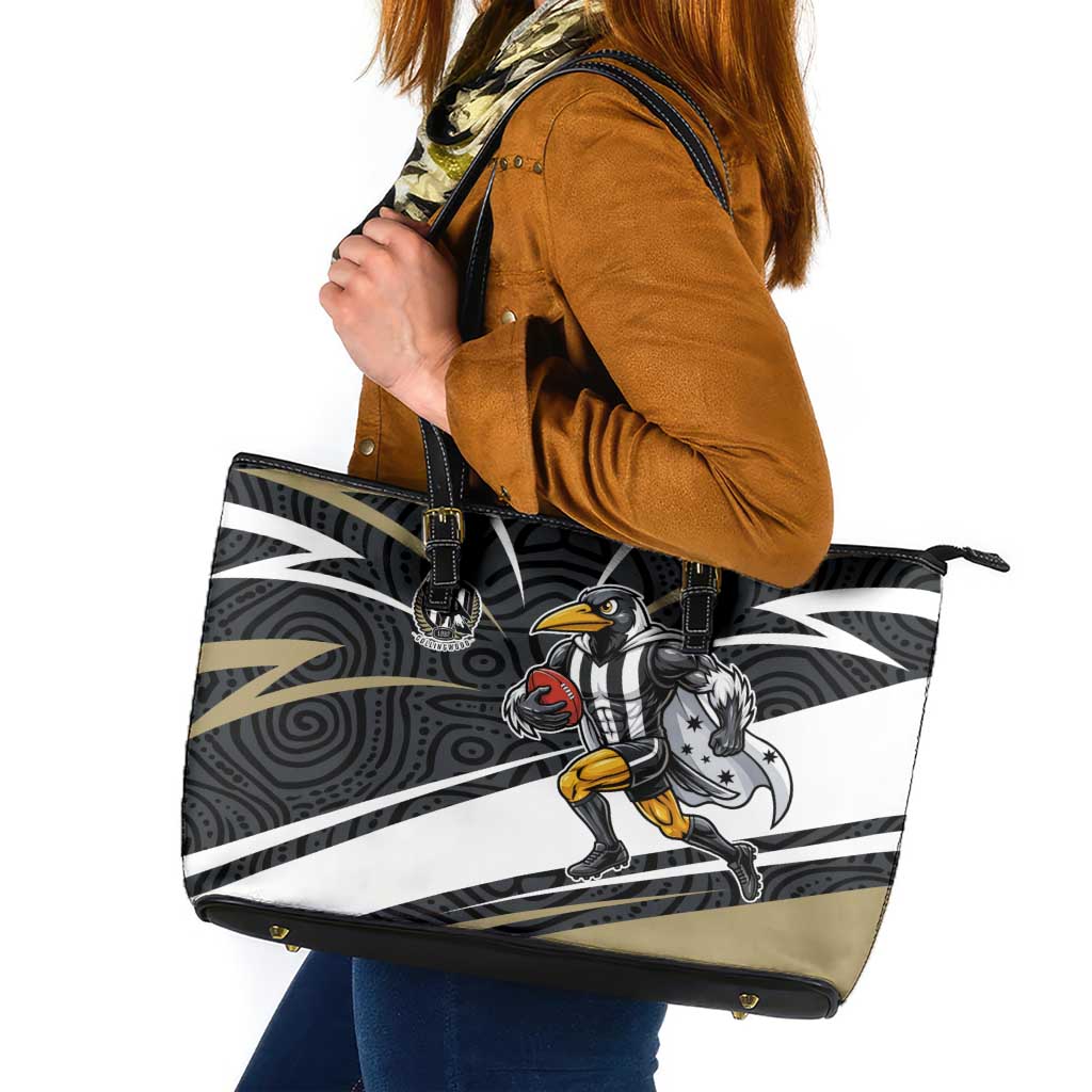 Collingwood Magpies Australian Football Leather Tote Bag Iconic Bird Mascot With Indigenous Pattern Art