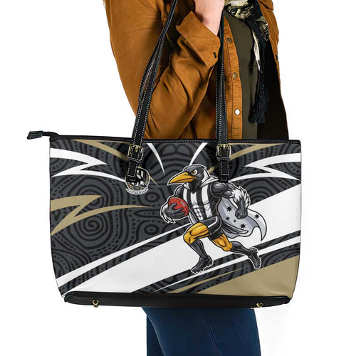 Collingwood Magpies Australian Football Leather Tote Bag Iconic Bird Mascot With Indigenous Pattern Art