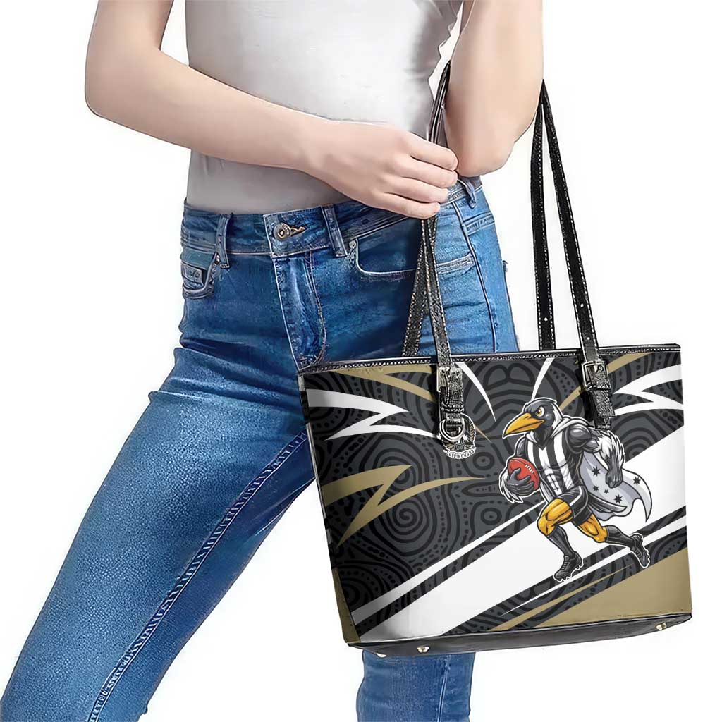 Collingwood Magpies Australian Football Leather Tote Bag Iconic Bird Mascot With Indigenous Pattern Art