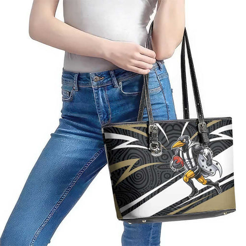 Collingwood Magpies Australian Football Leather Tote Bag Iconic Bird Mascot With Indigenous Pattern Art